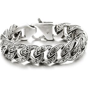 Mens Stainless Steel Vintage Fancy Curb Chain Bracelet with Tribal Tattoo Pattern, Retro Style, 8 inches