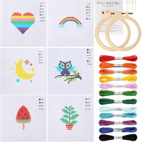 Pllieay Christmas Cross Stitch Beginner Kits for Kids 7-13, Includes 6pcs Project Cross Stitch Pattern and 2pcs Hoops, 14 Skeins Embroidery Floss, Needle Point Starter Kit Sewing Set with Instructions
