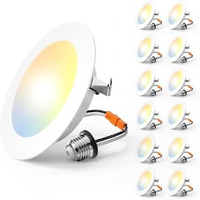 Amico Recessed Lighting 5/6 Inch, 12 Pack 5CCT Flat LED Can Lights, 2700K/3000K/4000K/5000K/6000K Selectable,12W Eqv 110W, 1050LM Brightness, Retrofit Installation - ETL & FCC