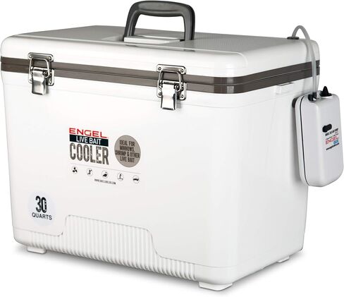 Engel 19qt Live Bait Cooler Box with 2nd Gen 2-Speed Portable Aerator Pump. Fishing Bait Station and Minnow Bucket for Shrimp, Minnows, and Other Live Bait - ENGLBC19-N in White in Kuwait