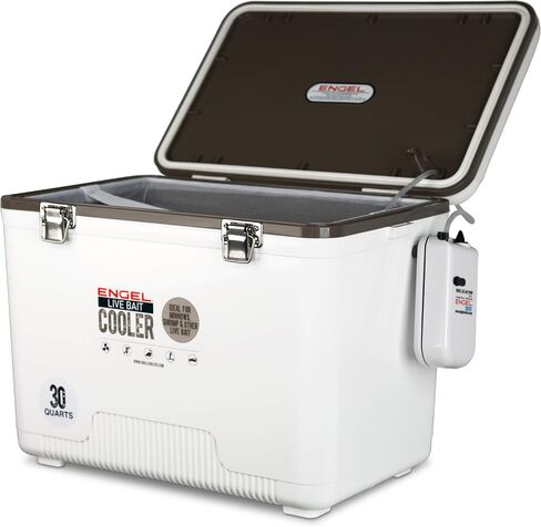 Engel 19qt Live Bait Cooler Box with 2nd Gen 2-Speed Portable Aerator Pump. Fishing Bait Station and Minnow Bucket for Shrimp, Minnows, and Other Live Bait - ENGLBC19-N in White in Kuwait