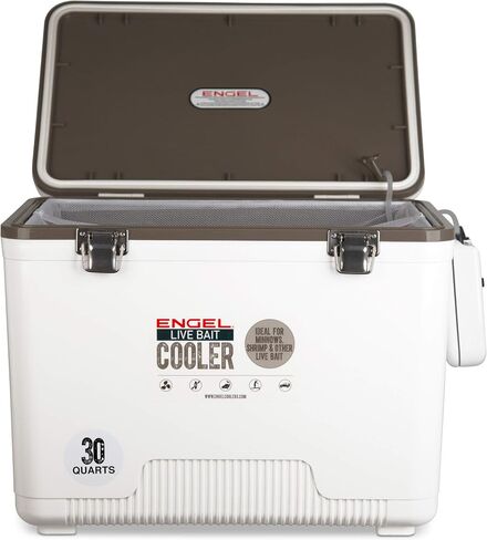 Engel 19qt Live Bait Cooler Box with 2nd Gen 2-Speed Portable Aerator Pump. Fishing Bait Station and Minnow Bucket for Shrimp, Minnows, and Other Live Bait - ENGLBC19-N in White in Kuwait