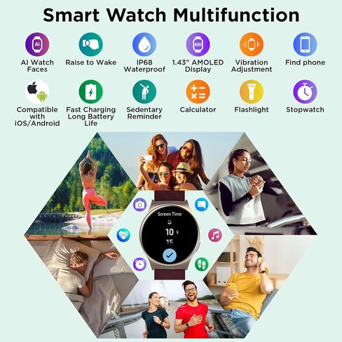 BENIO Smart Watch (Answer/Make Call), 1.43" AMOLED Display, IP68 Waterproof Fitness Trackers, 24/7 Heart Rate, Blood Oxygen Monitor, Sleep Monitor, 110+ Exercise Modes, Compatible with Android & iOS in Kuwait