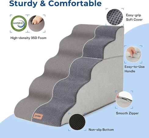 Dog Stairs for Small Dogs - Pet Stairs for Couch and Bed, 35D Foam Dog Steps with Non-Slip Bottom Dog Ramp Grey, 3 Steps in Saudi Arabia