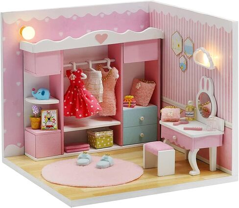 Kisoy Dollhouse Miniature with Furniture Kit, DIY 3D Wooden DIY House Kit A Corner of a Small Apartment Style with Dust Cover & LED,Handmade Tiny House Toys for Kids Adults Gift (Pet Room) in Kuwait