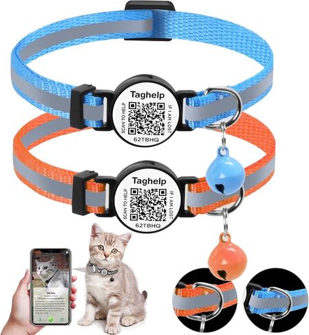 Cat Collars Breakaway with Cute Bell - 2 Pack Kitten Cat Collar with QR Code Smart ID tag Cat Collar for Cats Kittens Shareable Pet Profile | No Subscription (Black&Rose Red/No AirTag Holder) in Kuwait