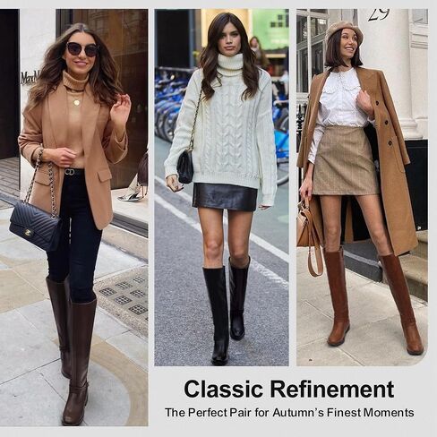 Women's Knee High Riding Boots, Low Heel Tall Boots with Zipper | Retro dress style, Stretch panel, Block heel, Round toe comfort, Adjustable buckle detail, Work casual outfits in Kuwait