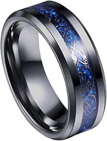 8mm Tungsten Carbide Ring Silvering Celtic Dragon Blue Carbon Fibre Inlay Wedding Band Size 6-13 (6, Black) in Saudi Arabia