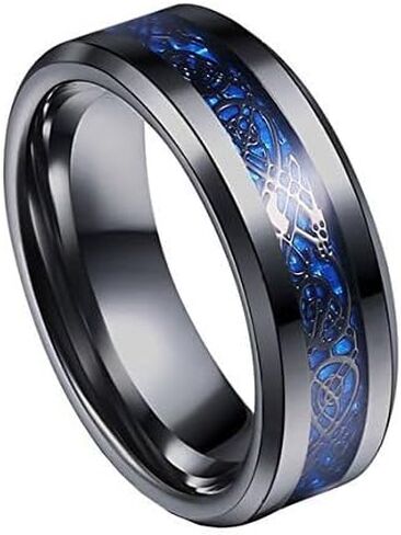 8mm Tungsten Carbide Ring Silvering Celtic Dragon Blue Carbon Fibre Inlay Wedding Band Size 6-13 (6, Black) in Saudi Arabia