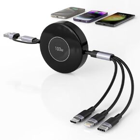 Retractable Multi Charging Cable 100W - USB-C 3 in 1 Charging Cable 1.2 M Travel Essentials iPhone Charger Cord,USB C [100W]+Lightning[27W]+Micro for iPad,MacBook,Samsung/iPhone15 14 13 12 11 - White