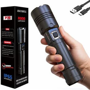 HAUSBELL Rechargeable LED Flashlights High Lumens, 20000 Lumens Super Bright Zoomable Waterproof Flashlight with 5 Modes, Input and outpur, Powerful Handheld Flashlight (A300 Black 2P)
