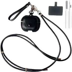 متوافق مع حافظة Samsung Galaxy Buds 3 وGalaxy Buds 3 Pro، جلد فاخر مع حلقة تسلق وحبل حمل اليد وحبل رقبة طويل للرجال والنساء (أسود)