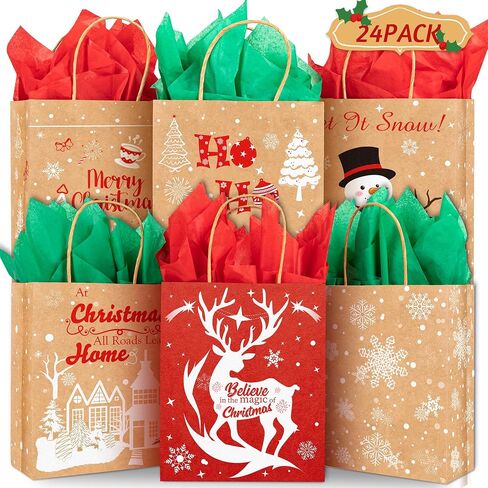 24 Christmas Kraft Gift bags 7x 8.6 x 3 with 24 Tissue Papers for Xmas Exchange, Party Favors Paper Goodie Bags, Assorted Christmas Bags, Treat Bags in Kuwait