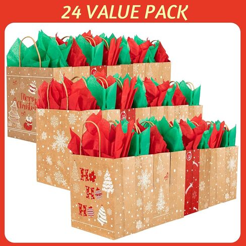 24 Christmas Kraft Gift bags 7x 8.6 x 3 with 24 Tissue Papers for Xmas Exchange, Party Favors Paper Goodie Bags, Assorted Christmas Bags, Treat Bags in Kuwait
