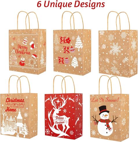 24 Christmas Kraft Gift bags 7x 8.6 x 3 with 24 Tissue Papers for Xmas Exchange, Party Favors Paper Goodie Bags, Assorted Christmas Bags, Treat Bags in Kuwait