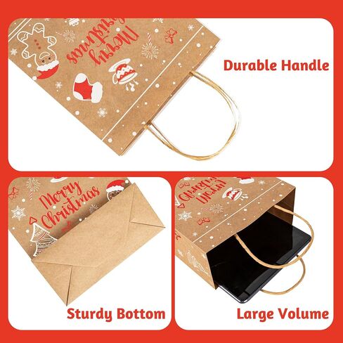 24 Christmas Kraft Gift bags 7x 8.6 x 3 with 24 Tissue Papers for Xmas Exchange, Party Favors Paper Goodie Bags, Assorted Christmas Bags, Treat Bags in Kuwait