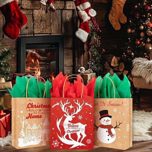24 Christmas Kraft Gift bags 7x 8.6 x 3 with 24 Tissue Papers for Xmas Exchange, Party Favors Paper Goodie Bags, Assorted Christmas Bags, Treat Bags in Kuwait