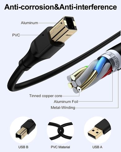 Printer Cable 6ft, Scanner USB C to USB B Cable for Epson, HP, Canon, Midi, Ethernet Print to Computer/Laptop/Pc-USB C MacBook Pro/Air/Mini,iPad Pro and Samsung Galaxy Midi Piano DAC Long Cord, 6 Foot in Kuwait