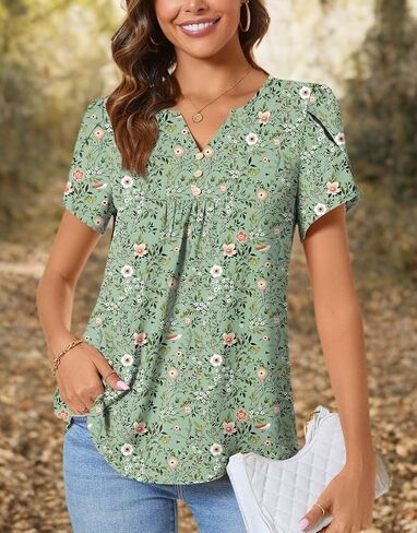 CATHY Womens Fashion Short Sleeve Tops Dressy Petal Sleeve Button T-Shirts Casual Chiffon Tunic Blouse in Kuwait