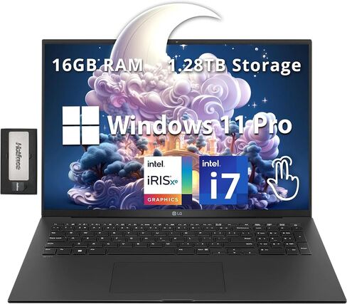 LG Gram 17Z95P-K كمبيوتر محمول 17 بوصة IPS WQXGA منصة Intel Evo Core i7-1195G7، ذاكرة 16 جيجابايت، 512 جيجابايت M.2 NVMe SSD، Intel Iris Xe Graphics، Wi-Fi 6، Windows 11 Home، لوحة مفاتيح بإضاءة خلفية، معرف بصمة الإصبع، أسود in Saudi Arabia