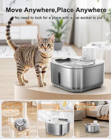 نافورة مياه مطورة فائقة الهدوء ولاسلكية للقطط، نافورة للحيوانات الأليفة تعمل بالبطارية بقدرة 5000 مللي أمبير في الساعة، نافورة مياه ذات سعة كبيرة 4 لتر/135 أونصة مع صينية من الفولاذ المقاوم للصدأ، 2 فلتر للقطط في الأماكن المغلقة in Kuwait