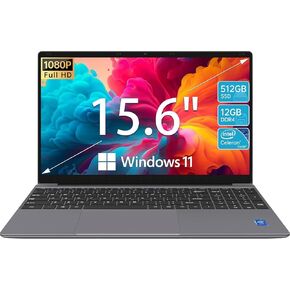 Laptop Computer | 15.6'' HD Display | Intel UHD Graphics | Intel Celeron N5095 4-Core Processor |12GB RAM | 512GB SSD up to Expandable 1TB | WiFi | 180°Open Angle | Windows 11 Laptop, Gray