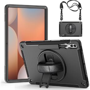 Protective Case for Galaxy Tab S10 Ultra 14.6 inch 2024, Shockproof Rugged Case for Samsung Tab S9 Ultra/S8 Ultra with Pencil Holder/Kickstand/Hand Strap for SM-X920/X910/X900, Black