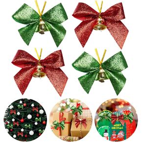 24 Pieces Christmas Tree Bows with Bells 3.5 Inch Small Christmas Glitter Bows Wreaths Bows for Christmas Decorations Holiday Candy Cookie Gift Wrapping(Gold,Silver,Green,Red)