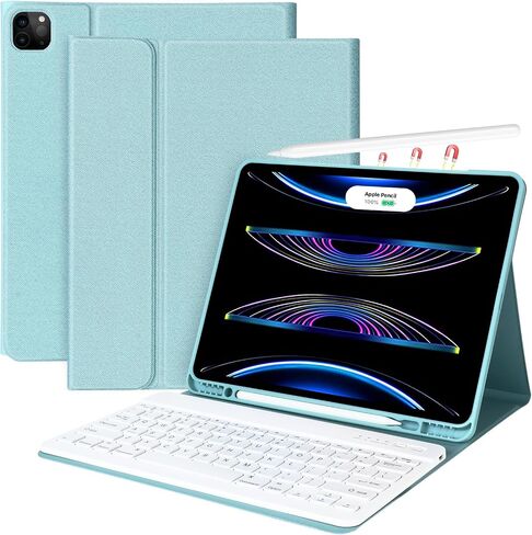 حافظة aMZCaSE iPad Air 13 بوصة M2 iPad Pro 12.9 مع لوحة مفاتيح مناسبة لجهاز iPad Pro 12.9 2022 6th/2021 الجيل الخامس، لوحة مفاتيح بلوتوث لاسلكية مغناطيسية قابلة للفصل وحامل أقلام لجهاز iPad pro 12.9، أزرق بحيرة in Kuwait