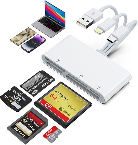 SD Card Reader for iPhone, 5 in 3 Multi Memory Card Reader with 5 Slots to SD/TF/CF/Micro SD/XD/MS Cards, Type C-Lightnin-USB A Three Connector to iPad/Android/MacBook/PC/Laptop, Plug and Play in Saudi Arabia