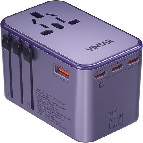 محول السفر العالمي، محول القابس الدولي VINTAR 75W GaN مع 3 USB-C PD و2 USB-A QC، أساسيات السفر الكل في واحد للمملكة المتحدة/الاتحاد الأوروبي/الولايات المتحدة الأمريكية/أستراليا، محول طاقة عالمي لأجهزة الكمبيوتر المحمولة والأجهزة اللوحية والهواتف in Kuwait