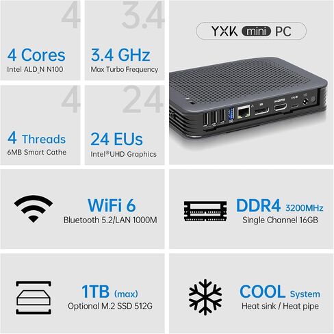 Yxk S15 UItra Mini PC,12th Gen Alder Lake- N100(up to 3.41GHz), 16GB DDR4 RAM 1TB M.2 SSD, Desktop Computer Support 4K Dual Display/USB3.2/WiFi 6/BT5.2/2.5g or Gigabit Ethernet for Home/Office in Saudi Arabia