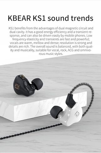 KBEAR KS1 Wired in ear Headphones, Deep Bass iem Earbuds Noise Cancelling in ear Monitors Earphones with 1DD Driver, Ear Hooks Cable for Gaming Computer, Musician Stage, Drummer (Black without Mic) in Kuwait