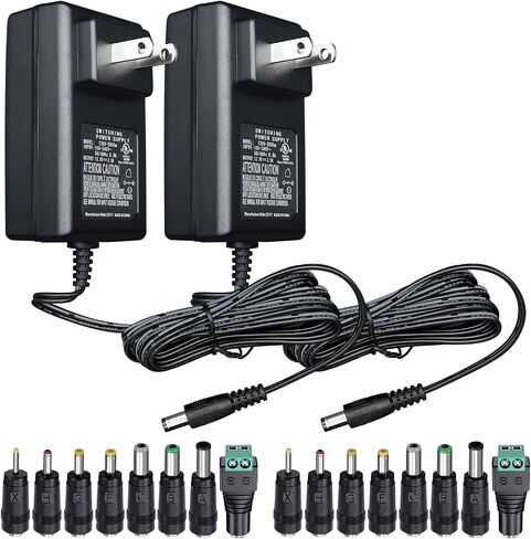 12V 2A 6ft Long AC Adapter Charger Replacement with 8 Tips, Regulated 12 Volts 2000mA Power Supply Cord for LED Strip Light, CCTV Camera, BT Speaker, GPS, Webcam, Router, DC12V Transformer-UL FCC in Saudi Arabia