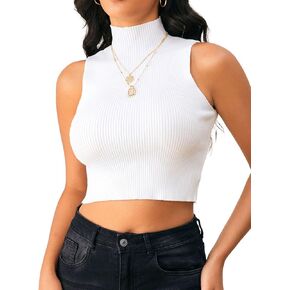 Verdusa Women's Sleeveless High Mock Neck Ribbed Fitted Solid Crop Tank Top