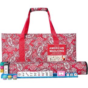 American Mahjong Game Set, 166 Quality White Tiles, 4 All-in-One Color Rack/Pushers, Mahongg Tile Set with Blue Printed Carrying Bag