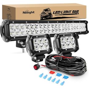 Nilight - ZH002 20Inch 126W Spot Flood Combo Led Off Road Led Light Bar 2PCS 18w 4Inch Spot LED Pods With 16AWG Wiring Harness Kit-3 Lead, 2 Years Warranty