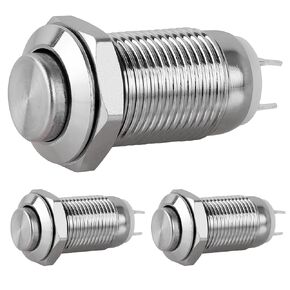 Metal Waterproof Push Button Switch Reset Switch 10mm Small Power Button Switch Silver 2 feet 220V 1A 3PCS