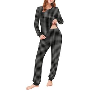 Ekouaer Women's Pajama Set Plaid Pj Long Sleeve Sleepwear Soft Contrast 2 Piece Lounge Sets