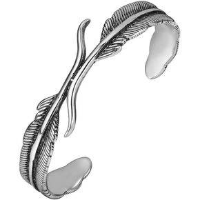 EENSYWEENSY Stainless Steel Feather Bangle, Vintage Leaf Feather Cuff Bracelet for Men Women