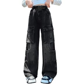 AOWKULAE Girls Jeans Elastic Wasit Wide Leg Pants Kids Jeans 4-14 Years