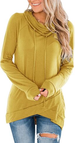Fallorchid Womens Cowl Neck Tunic Tops Long Sleeve Pullovers Casual Drawstring Sweatshirts in Kuwait