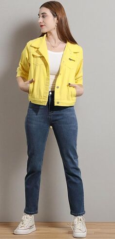 loveimgs Women Casual 3/4 Sleeve Button Down Cropped Denim Jean Jacket Motorcycle Short Jacket in Kuwait
