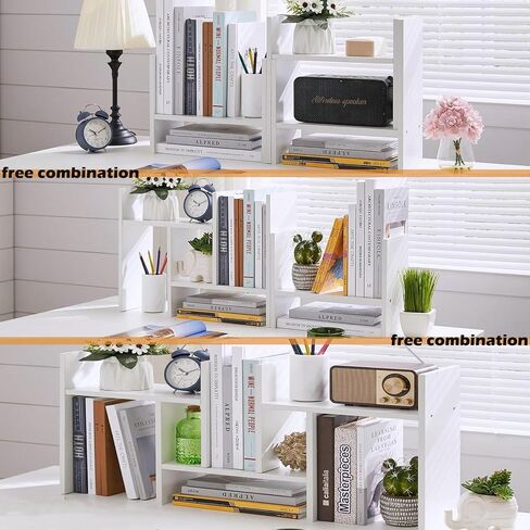 Meikuler Desktop Shelf Organizer, Adjustable Wood Display Desk Shelf, Office Storage Rack Tabletop Bookshelf Multipurpose Shelves for Home Decor, Office, Gifts (White) in Saudi Arabia