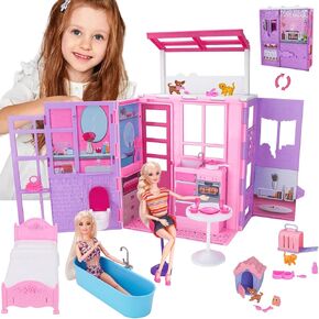 Doll House Playset for Girls, Portable Dollhouse Toy with Furniture & Accessories Including Kitchen, Bedroom, Bathroom, Pet House, Pretend Play Dream Doll House Gifts for Kids Ages 4 5 6 7 8+