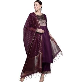 INDO ERA Indian Solid Straight Pure Cotton Kurta Palazzo With Dupatta Set for Women