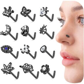 20G 12Pcs Nose Rings Stud Stainless Steel L Shaped Studs Nose Ring Flower CZ Evil Eye Butterfly Screw Nose Studs Jewelry for Women Men Silver 14K Gold Nose Stud Black Piercings Jewelry