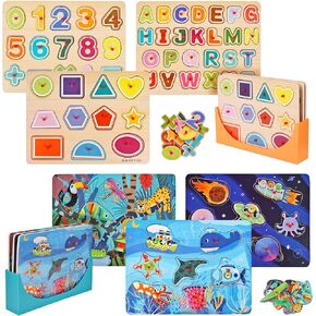 Premium Puzzles for Toddlers and Rack Set - (7 Pack) Includes Learning Clock - Alphabet, Numbers, Shapes, Animals, Cars, Fruits