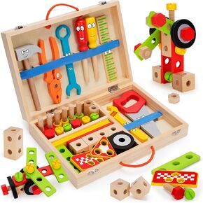 Kids Tool Set Toys for 3, 4, 5, 6, 7 Year Old Boys, Wooden Toddler Tools Set with Electric Drill & Tool Box, Montessori STEM Educational Construction Building Toy, Xmas Birthday Gifts for Boys Girls