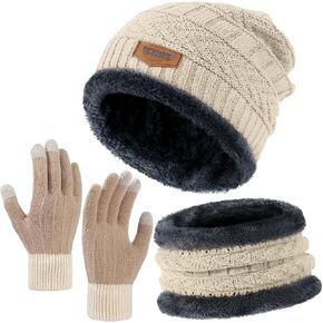 Winter Beanie Hat Circle Scarves Touchscreen Gloves Set, Warm Thick Fleece Lined Skull Cap Gloves Neck Warmer for Men Women